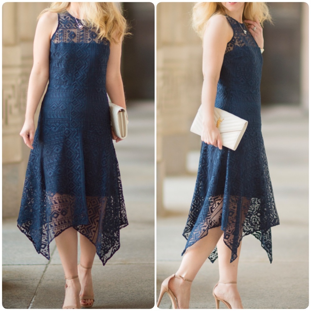 Parker Navy Blue Lace Cocktail Midi Dress Size XS